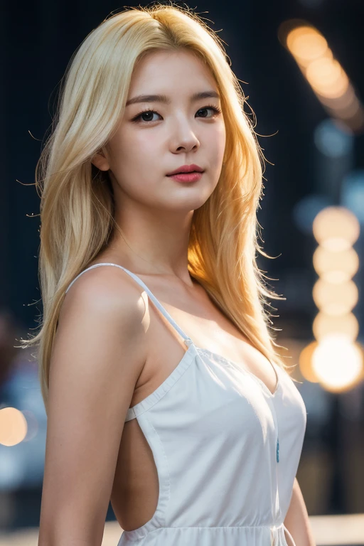 masterpiece, best quality, ultra-detailed, ultra high res, (photorealistic:1.4), raw photo, (realistic:0.2), 8k HDR, realistic lighting, 1girl, solo, (asian:0.2), asymmetrical platinum blonde hair, outdoor, night, (simple background:1.4), bokeh, (detailed lips), (detailed pores), (detailed skin textures), (detailed face:1.2), (upper body:1.2), a woman in a sundress, promotional image, a character portrait,