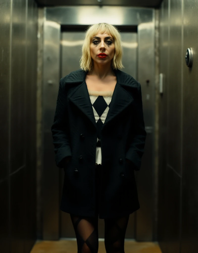 full body view of Quinn is a blonde woman with makeup and red lips, black jacket, she is in a lift  <lora:Quinn:0.9>