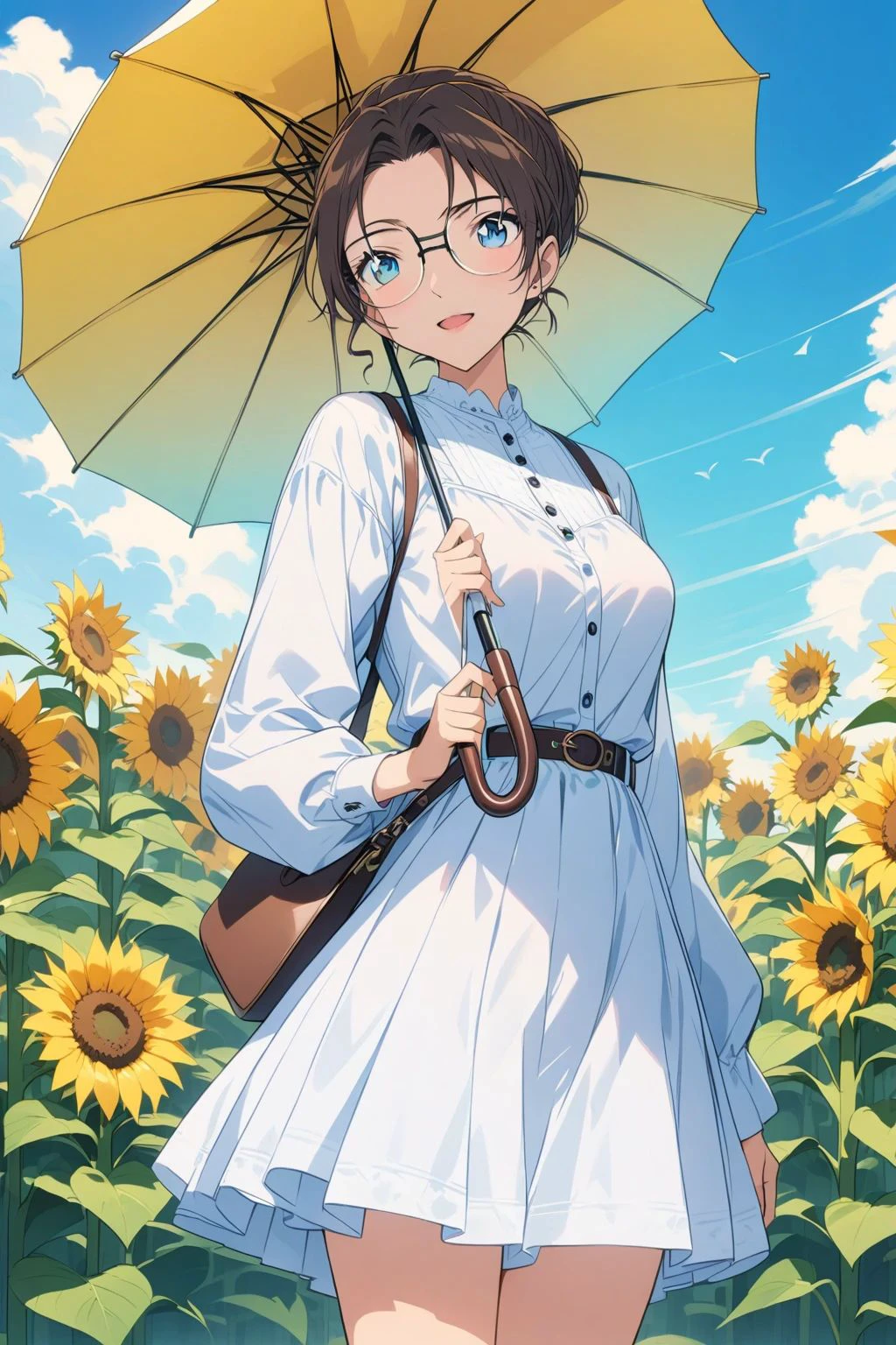 An anime-style beauty standing in a sunflower field。（full-body shot，wearing glasses，Perfect body，individual：1.3），Beautiful woman wearing a white dress，Elegant skirt design，With long sleeves and belted detail。She holds a white umbrella，The hair is brown，Drop to shoulders。She looks relaxed and happy.，Seems to be enjoying a sunny day。The surrounding sunflowers face different directions，The background is a clear blue sky with a few clouds。The overall picture gives a sense of tranquility and summer.。