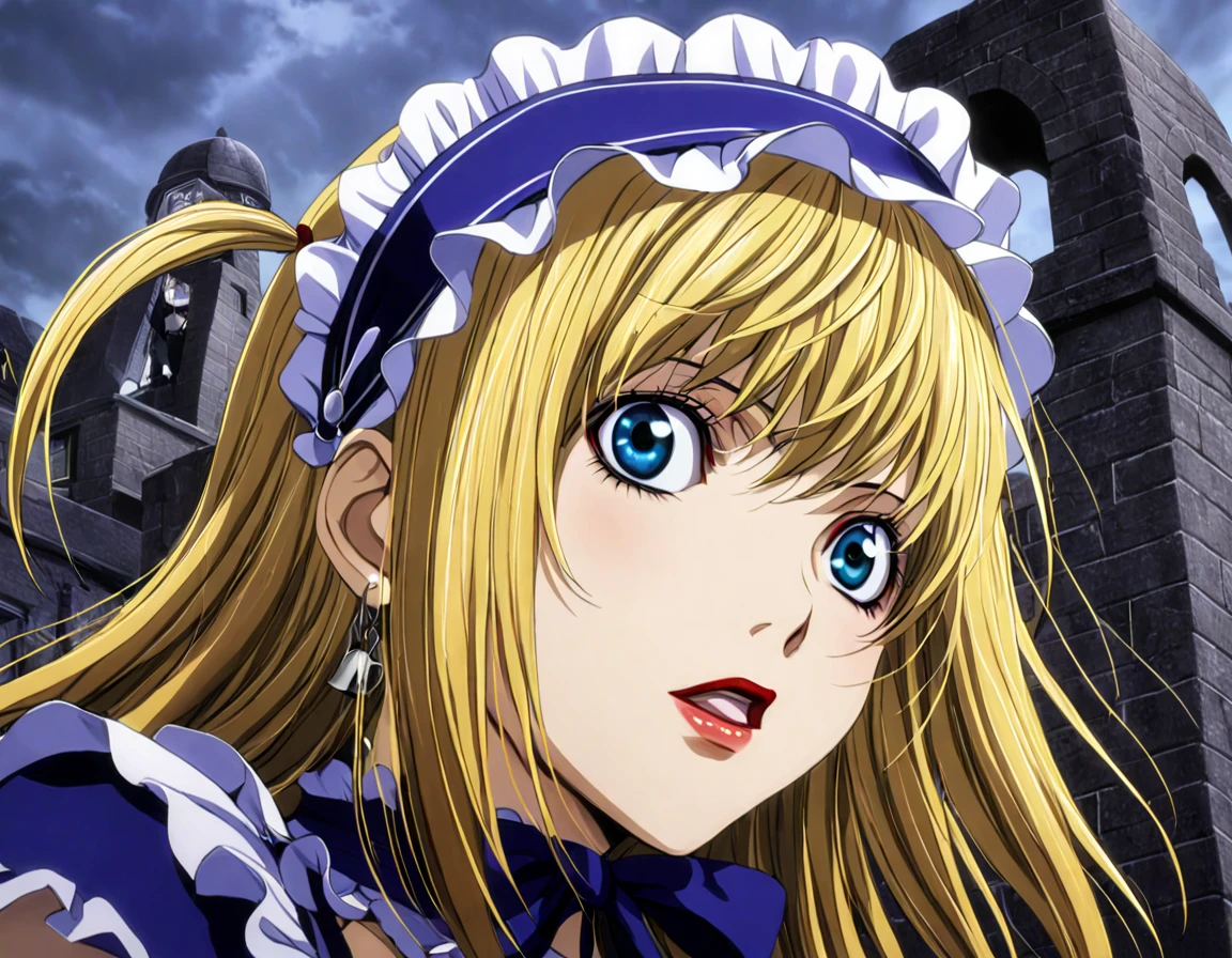 1girl, misa amane, death note, purple maid outfit, bell in background, blue eyes, <lora:perfect-eyes:1>, perfecteyes, <lora:misa_amane-step00005000:1>