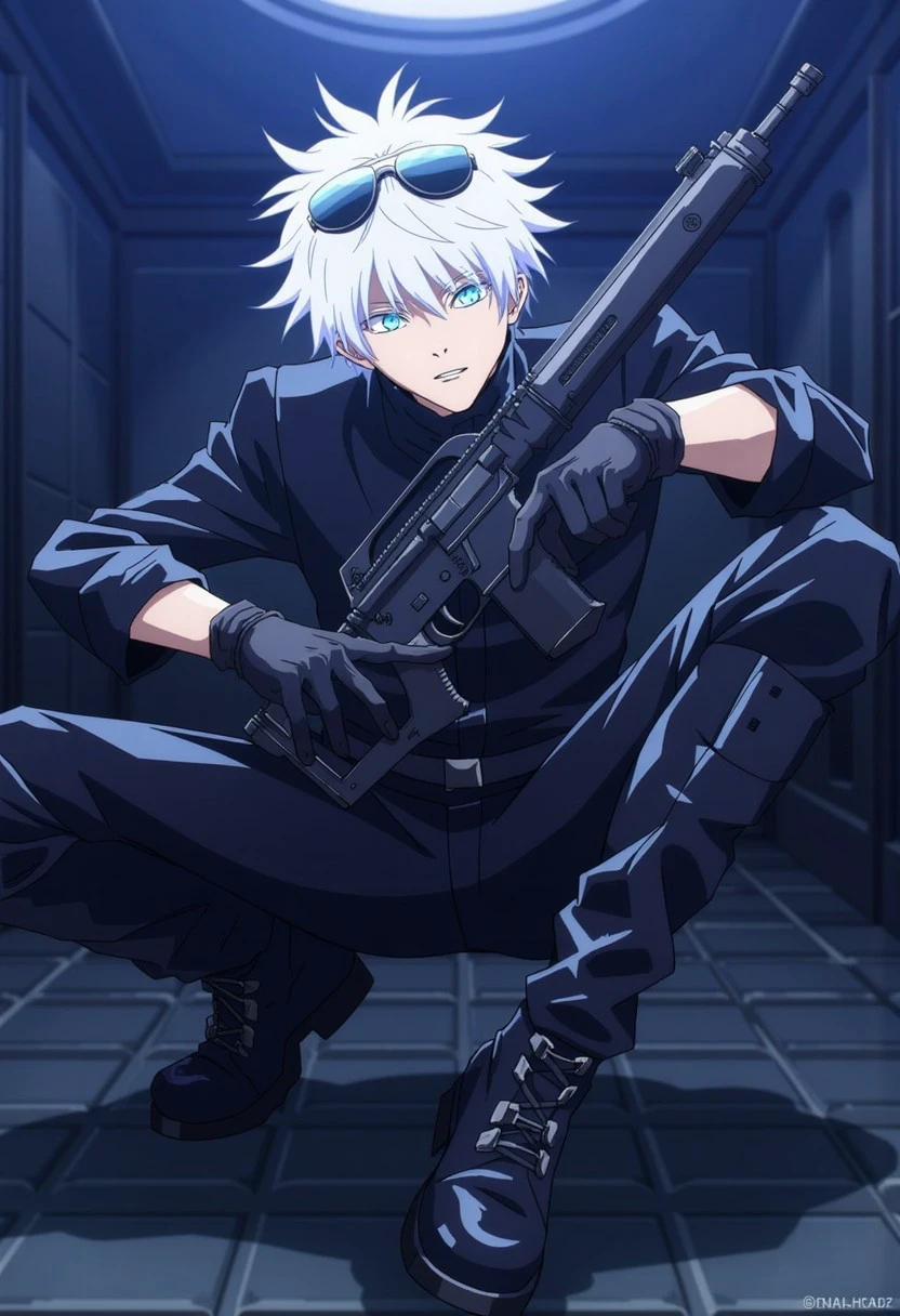 This is a digital illustration in an anime style, featuring a male character with an intense and focused expression. He has an androgynous appearance with pale skin and striking, strikingly bright blue eyes that stand out vividly against his white hair, which is tousled and somewhat messy. The boy's hair is styled in a chaotic, voluminous manner, giving him a youthful, anime aesthetic. His eyes are the primary focal point, with an otherworldly glow, adding a dramatic effect to his gaze. he is in a dynamic, action-packed pose, wearing a sleek, black tactical outfit. he wear a pair of goggles on his head, exuding a futuristic, cyberpunk vibe. he holds a large black weapon, resembling a high-tech firearm, with both hands angled downward. his boots are heavy-duty, combat style, black with metallic buckles, and thick, rugged soles. The perspective is low, emphasizing the size and power of the boots, creating a dramatic, forceful stance. The background is cyberpunk blue vibe, enhancing the focus on the character. The setting feels like an industrial or futuristic bunker with a gritty, dystopian atmosphere.