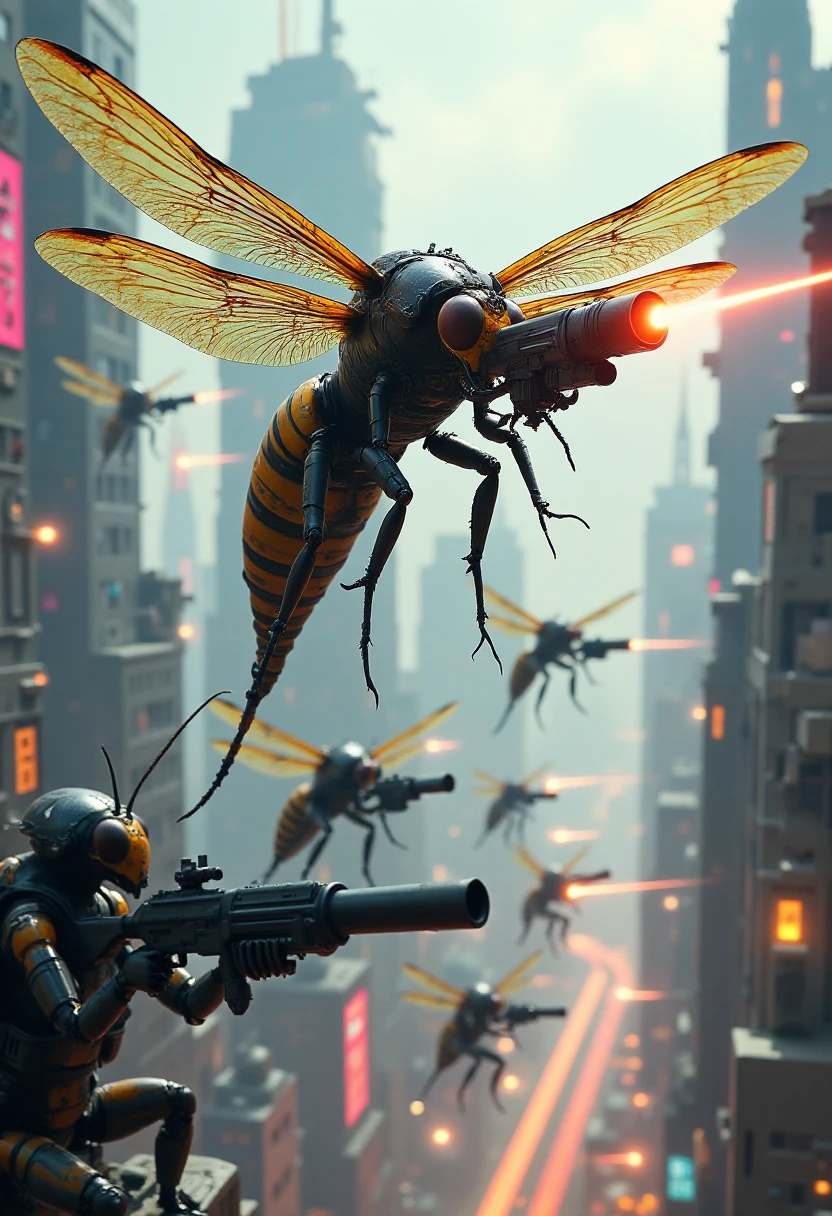 A squad of flying insect commandos, with a massive dragonfly wielding a railgun and smaller wasps armed with plasma pistols, soar through a war-torn cityscape. Below, ground forces made up of ants and beetles hold positions with heavy machine guns and rocket launchers, their stances suggesting they're defending a key outpost. The futuristic city is ablaze with battle, neon signs flickering as they dodge incoming fire. The commandos are battle-hardened, with a mix of sci-fi weaponry that feels grounded in both insect capabilities and military technology, creating a thrilling, high-stakes war zone.  , InsectCommandos