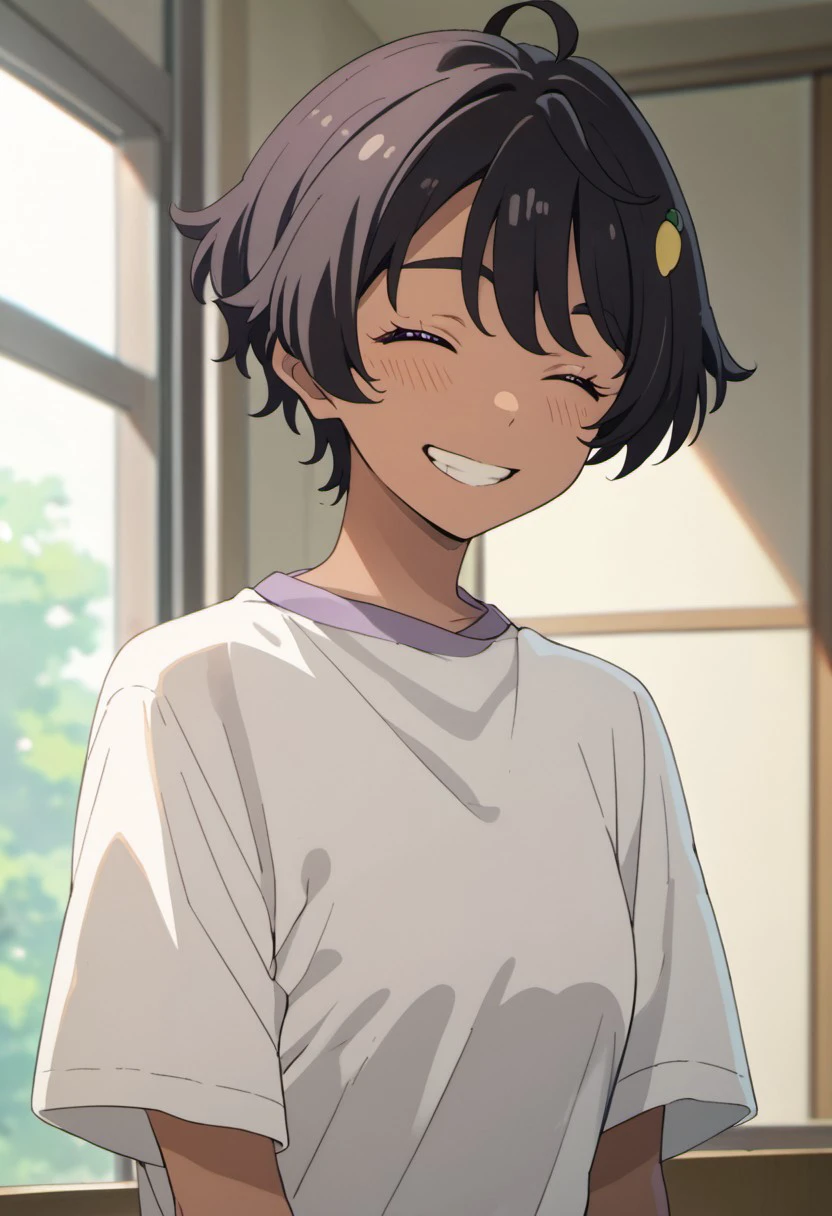 score_9, score_8_up, score_7_up, source_anime,yakishio remon, black hair, short hair, purple eyes, dark skin, dark-skinned female, 1girl, solo, smile, closed eyes, shirt, white shirt, indoors, ahoge, blush, upper body, grin, hair ornament