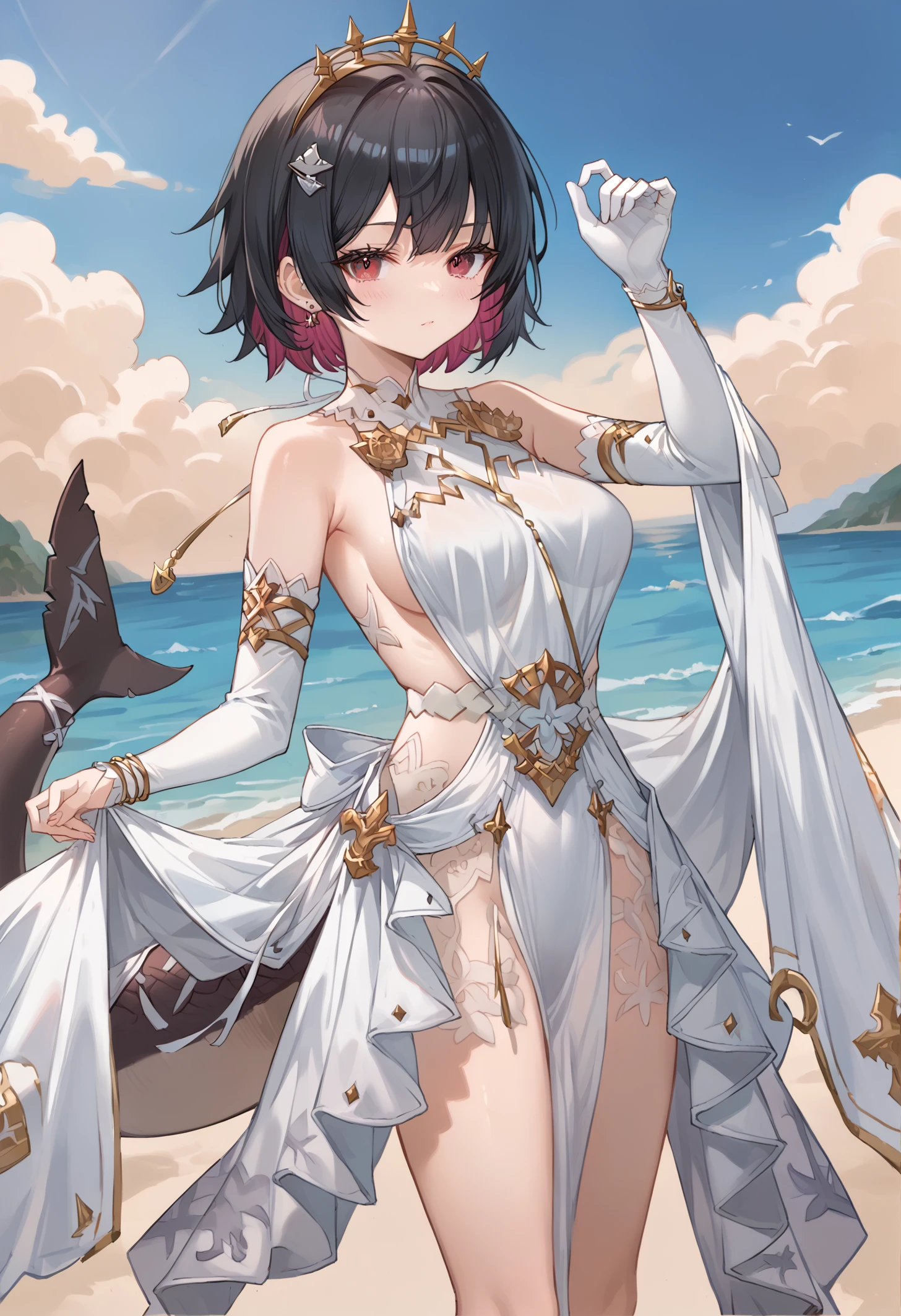 score_9, score_8_up, score_7_up, score_6_up, source_anime, ultra detailed eyes, high res image, masterpiece, best quality, gl_dress, 1girl, ellen, black shark tail, white dress, tiara, hair ornament, sideboob, bridal gauntlets, lace, pelvic curtain, tail ornament, standing BREAK red eyes, black hair, short hair, colored inner hair, hairclip, ear piercing, fins, shiny hair, outdoors, beach, ocean, facing viewer, hand up, feet out of frame, looking at viewer, <lora:ZZZ_Ellen_Joe_scarxzys:0.9>,
<lora:GreaGBF_dress_outfit_v0.2b_e9r:1>