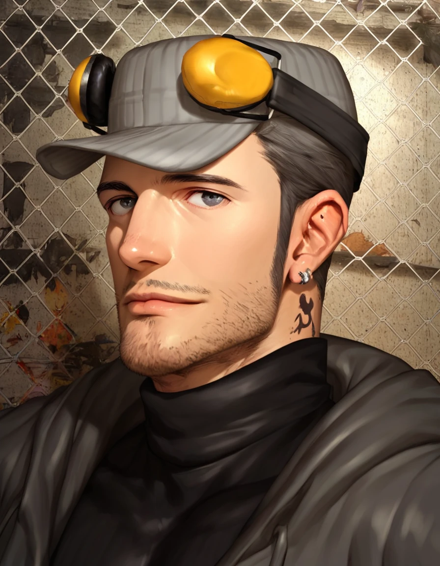 score_9, score_8_up, score_7_up, detailed, high quality eyes, outdoors
BREAK <lora:Persona 5 - Iwai Munehisa - Pony_epoch_13:0.9>, (m_iwai, grey hair, mature male, grey eyes, short hair, stubble, neck tattoo, hat, ear protection, earrings, black turtleneck, dark grey long coat, pants, boots, handsome face, detailed face), leaning against wall, looking at viewer, feet out of frame