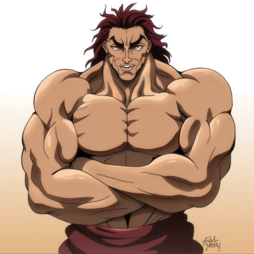 digital drawing in a style reminiscent of anime, featuring Yujiro Hanma a muscular man with a rugged, imposing appearance. The character has a strong, athletic build with pronounced muscles, particularly noticeable in his chest, arms, and shoulders. His skin tone is a warm, tanned complexion. He has a stern, serious expression with piercing, intense eyes and a strong jawline.