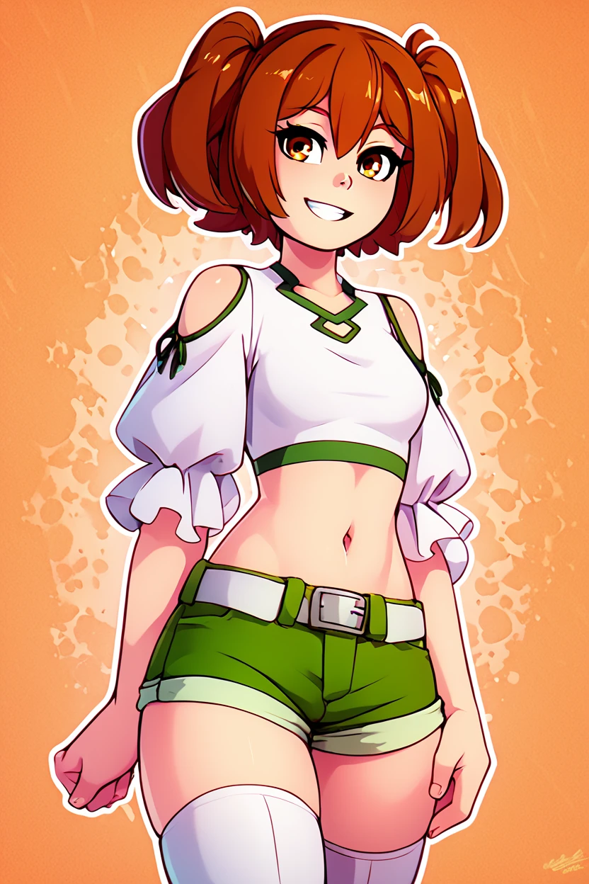 score_9, score_8_up, score_8, medium breasts, (curvy), cute, eyelashes,       BREAK, , zzKanne, short hair, brown hair, twintails, brown eyes,  shirt, thighhighs, navel, bare shoulders, white shirt, short sleeves, midriff, belt, white thighhighs, crop top, short shorts, clothing cutout, shoulder cutout, green shorts, <lora:KanneFrieren_PDXL_v2:0.8>,, BREAK, smile, looking at viewer, ,,, abstract background, white outline, cowboy shot, ,,, embedding:zPDXL, Expressiveh, ,,, <lora:theOtherHalfPDXL:0.8>, <lora:CatalystStylePDXL:0.6>, <lora:SDXLFaeTastic2400:0.5>, <lora:Expressive_H-000001:0.4>,