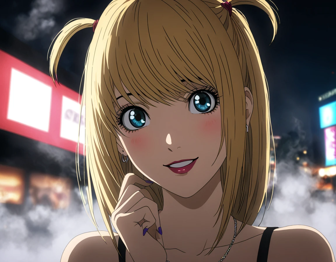 1girl, portrait of Misa Amane, death note, Modern Anime, adult female, From Death Note anime, best quality, 8K, DSLR quality, Bloom Lighting, Good Face, Beautiful Face, Slim, highly detailed,  glow, extreme details, fog, smoke, blond hair, full body, happy, smile, perfect eyes, <lora:perfect-eyes:1>, perfecteyes, eyes reflection, detailed eyes, upper body, hdr quality, full of color, smoke, cinematic, night, moon light, 2010s, windy, hair swaying in wind, purple nail polish, nigh time, blue eyes, grainy, chromatic aberration, adult woman, Depth of field effect, uwu, cute, blush, perfecteyes, eyes reflection, detailed eyes, upper body, shy smile, hdr quality, hands doing cute pose, full of color, smoke, cinematic, in city, times square, no crowd,  <lora:misa_amane-step00000800:1>