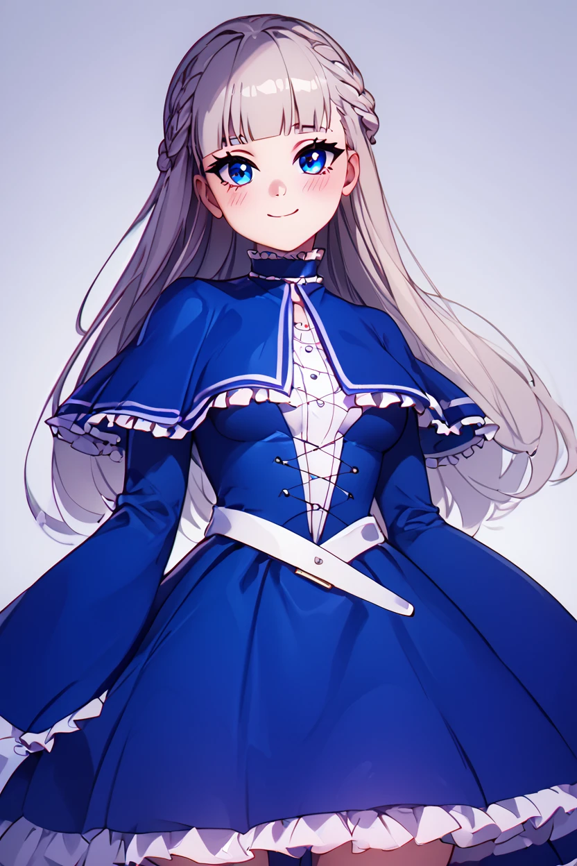 score_9, score_8_up, score_8, medium breasts, (curvy), cute, eyelashes,       BREAK, , zzLawine, long hair, braid, blue eyes, blunt bangs, grey hair, french braid, blue capelet, blue dress, long sleeves, frilled capelet,  <lora:LawineFrieren_PDXL_v1:0.8>, , BREAK, closed mouth, alternate costume, smile, looking at viewer, blush, zzLFashion, cowboy shot, ,,, embedding:zPDXL, Expressiveh, ,,, <lora:Vivid:0.7>, <lora:LFashionPDXL:1>, <lora:Uncensored_PonyXL_cpt_v02.09:0.4>, <lora:Expressive_H-000001:0.4>,