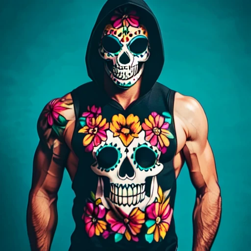 <lora:Vibrant_CalaveraSD1:1> ArsMJStyle, Vibrant Calavera, The image shows a man wearing a colorful skull mask and a sleeveless tank top. The skull mask is made up of intricate patterns and designs in shades of pink orange yellow and blue. The tank top is black and has a floral design on the front. The man is standing with his arms at his sides and is facing the camera. The background is a solid turquoise color., 1boy, hood, solo, tattoo, male focus, flower, arm tattoo, hood up, upper body, floral print