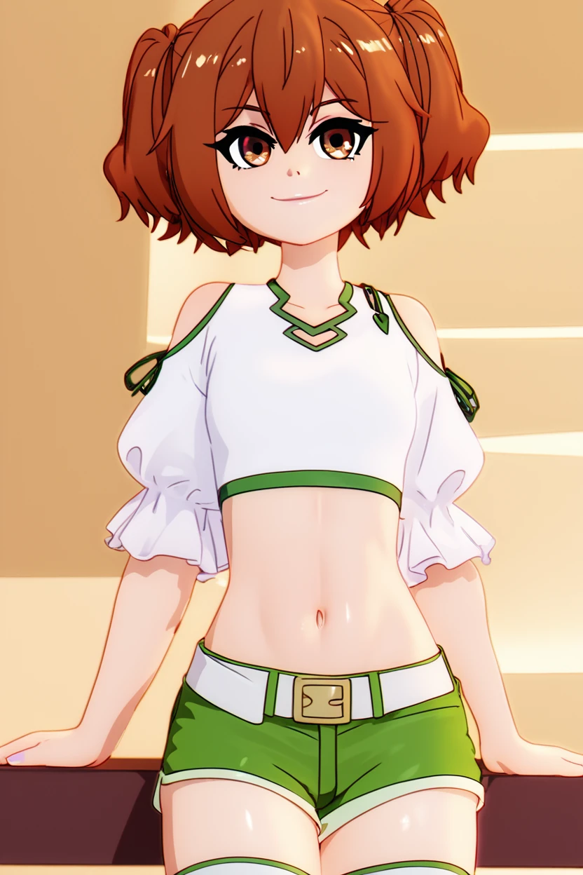 score_9, score_8_up, score_8, medium breasts, (curvy), cute, eyelashes,       BREAK, , zzKanne, short hair, brown hair, twintails, brown eyes,  shirt, thighhighs, navel, bare shoulders, white shirt, short sleeves, midriff, belt, white thighhighs, crop top, short shorts, clothing cutout, shoulder cutout, green shorts, <lora:KanneFrieren_PDXL_v2:0.8>,, BREAK, smile, closed mouth, looking at viewer, cowboy shot,  ,,, embedding:zPDXL, Expressiveh, ,,, <lora:MantisStyle_PDXL_v2:0.8>, <lora:SDXLFaeTastic2400:0.5>, <lora:Expressive_H-000001:0.4>,