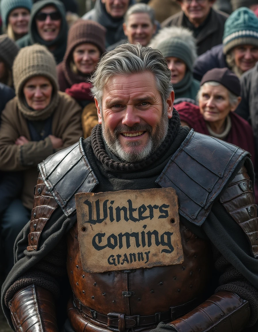 K31R-574RM3R a middle aged man dressed in intricate leather armour from A Game of Thrones. Behind him in a large pile are elderly Grandmothers wearing woolen hats, he is holding a sign saying "Winters Coming Granny", and he has a wicked grin on his ruddy face <lora:Keir-Starmer_Flux-D_v1:1.1>