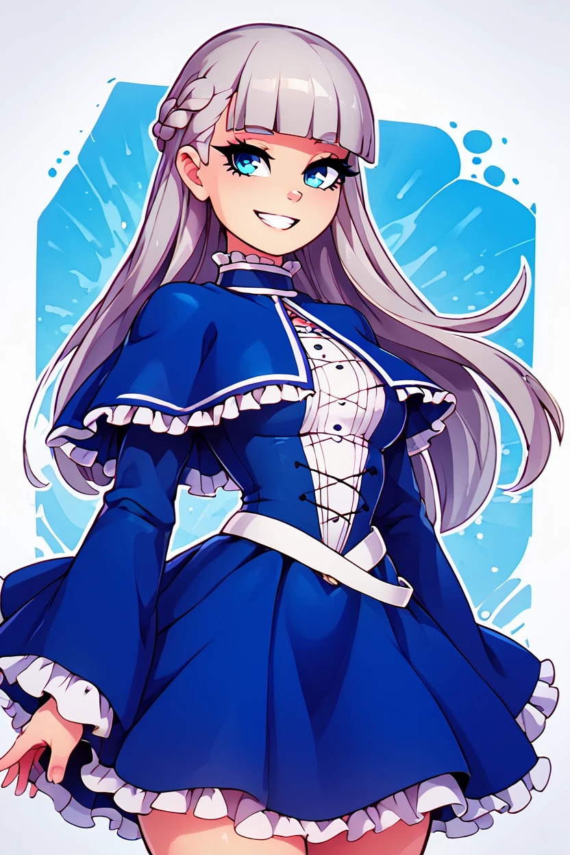 score_9, score_8_up, score_8, medium breasts, (curvy), cute, eyelashes,       BREAK, , zzLawine, long hair, braid, blue eyes, blunt bangs, grey hair, french braid, blue capelet, blue dress, long sleeves, frilled capelet,  <lora:LawineFrieren_PDXL_v1:0.8>, , BREAK, smile, looking at viewer, ,,, abstract background, white outline, cowboy shot, ,,, embedding:zPDXL, Expressiveh, ,,, <lora:theOtherHalfPDXL:0.8>, <lora:CatalystStylePDXL:0.6>, <lora:SDXLFaeTastic2400:0.5>, <lora:Expressive_H-000001:0.4>,