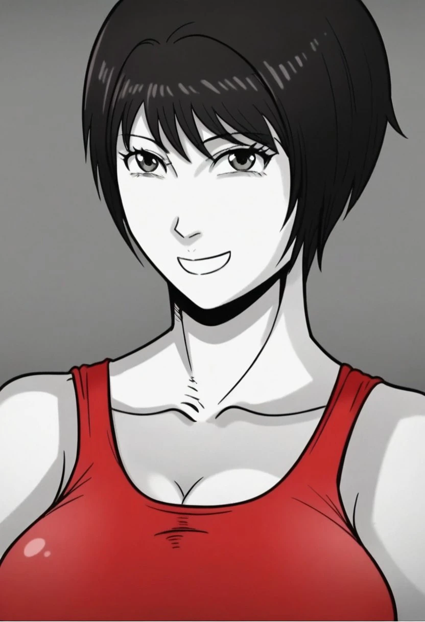 score_9, score_8_up, score_7_up, source_anime, official style, anime screencap, anime coloring, best quality,  fitness girl, white skin, short hair,large breasts, black hair, brown hair, black hair, 1girl, solo, dolphin shorts, sport bra,red sport bra, shoes, simple background, upper body, looking at viewer, smile,