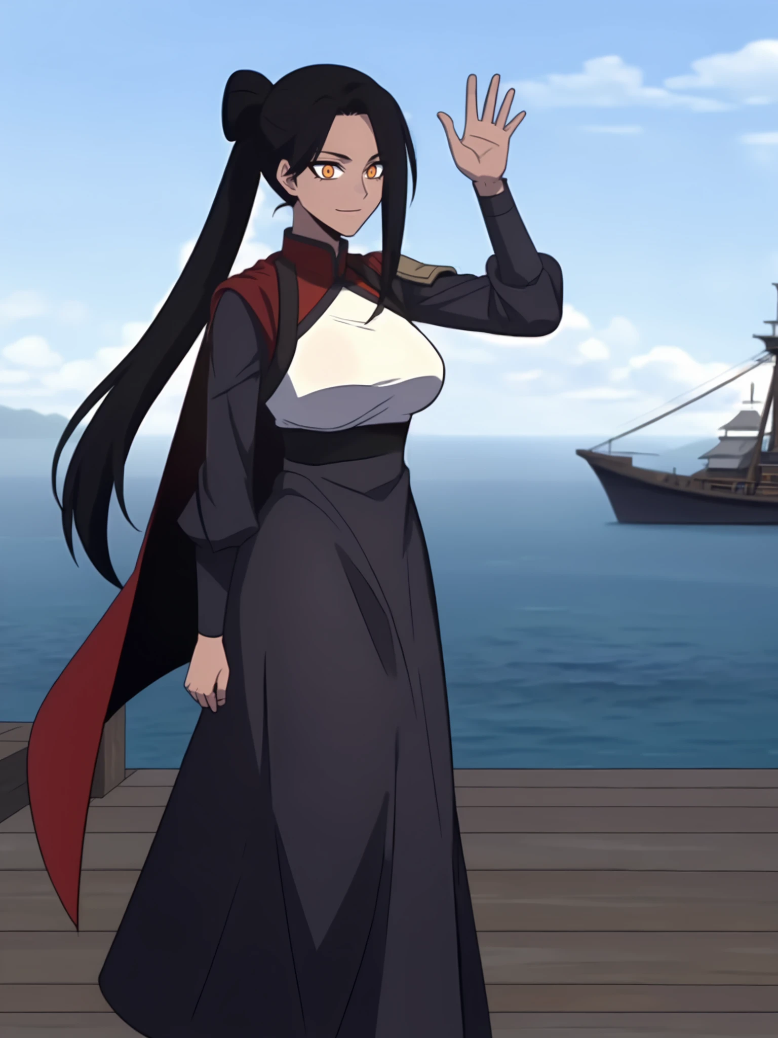 solo, black hair, 1girl, orange eyes, white tanktop, black dress, medium breasts, red cape, pauldron, straps, long sleeves, hair rings, dark skin, anime screencap, tall female, long dress, ocean, smile, ship, wood floor, island, waving, looking at viewer, walking, ponytail, very long hair, from side <lora:unrulyheir_sohong:0.8>