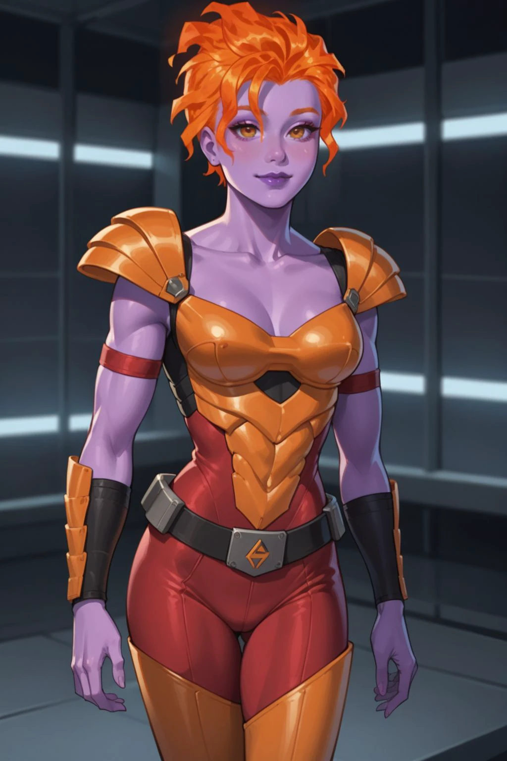 score_9, score_8_up, score_7_up, masterpiece, high quality, highres RAW photo,
solo, mousereboot, 1girl, ((orange hair: 1.8, fiery hair: 1.8)), ((colored skin: 1.8, purple skin: 1.8)), purple lips, breasts, cleavage, shoulder armor, pauldrons, armlet, belt, gloves, boots, armor, weapon on back, <lora:MouseReBoot-000019:0.55>
(slender body, muscular, petite:1.2), tiny waist, sexy, eye contact, sensual, seductive look, sensual, seductive look, happy, smile, smiling, (sexy pose, standing)
((futuristic science fiction)) , in a science fiction facility, indoors