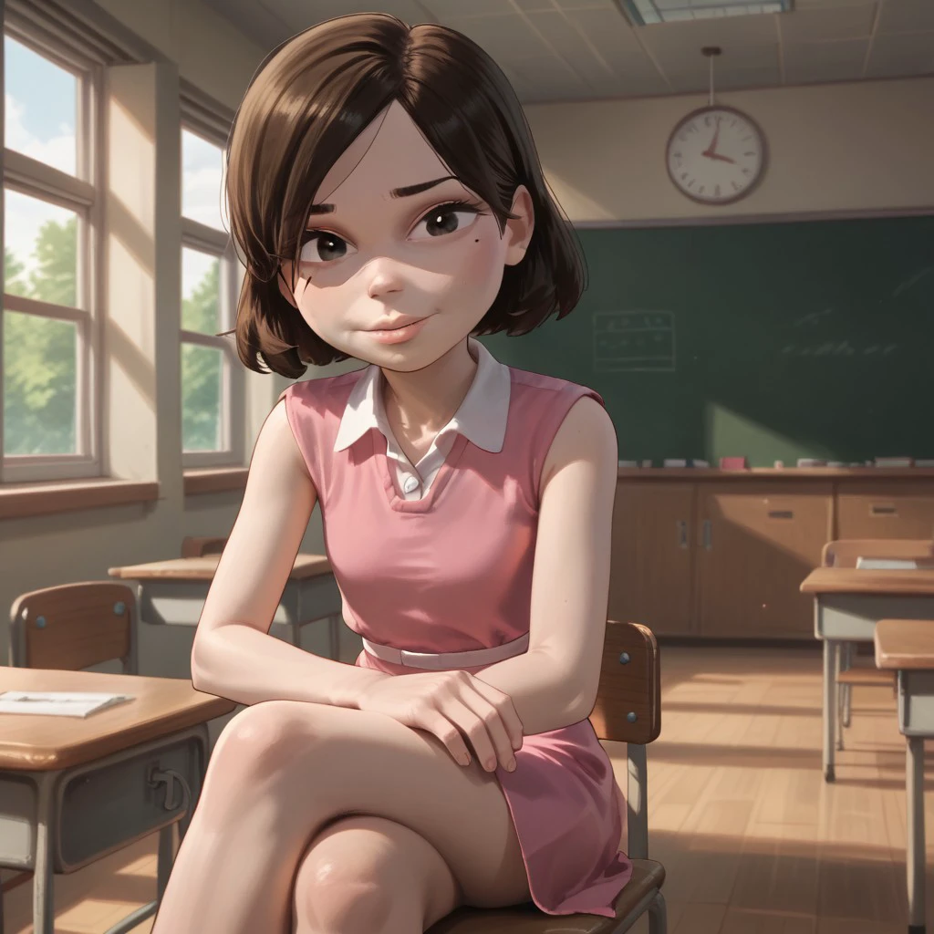 score_9, score_8, score_7, break, solo,betty_jn, brown hair, short hair, black eyes, mole, pink dress, classroom, sitting, crossed legs, looking at viewer