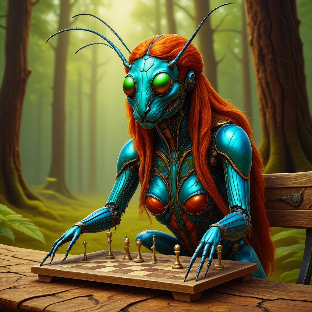 An insectoid woman with red hair, playing chess in the park, sitting on a park bench.

insctoidCE style