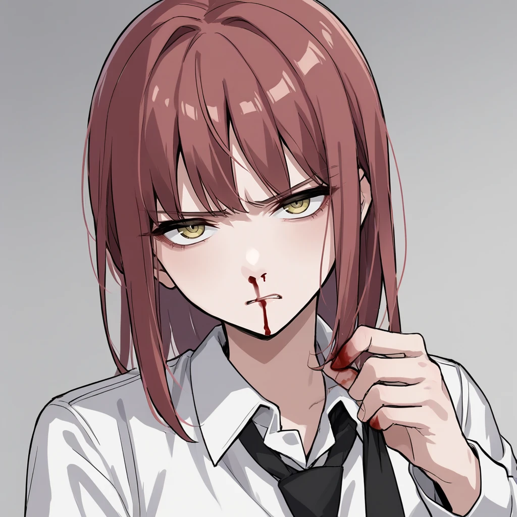 _asura style, 1girl, blood, makima_(chainsaw_man), blood_on_face, solo, necktie, black_necktie, shirt, collared_shirt, blood_on_clothes, red_hair, white_shirt, formal, suit, bangs, sidelocks, medium_hair, jacket, black_jacket, braid, upper_body, blood_splatter