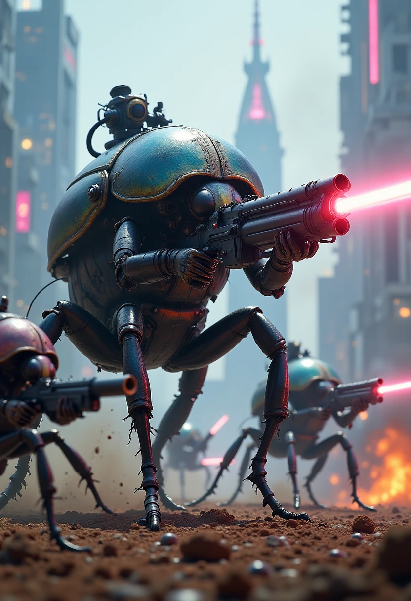 A highly detailed scene of a giant beetle commando standing on its hind legs, wielding a futuristic plasma rifle. Its exoskeleton is sleek and metallic, reflecting the neon lights of a distant city skyline. Other insects, such as armored ants and mantises, surround it, holding a mix of sci-fi weaponsâlaser pistols, energy swords, and grenade launchers. The battlefield is chaotic, with explosions in the background, as the insect squad charges into battle, their stances tense and ready for combat. The aesthetic feels like a mix of cyberpunk and military sci-fi.  , InsectCommandos