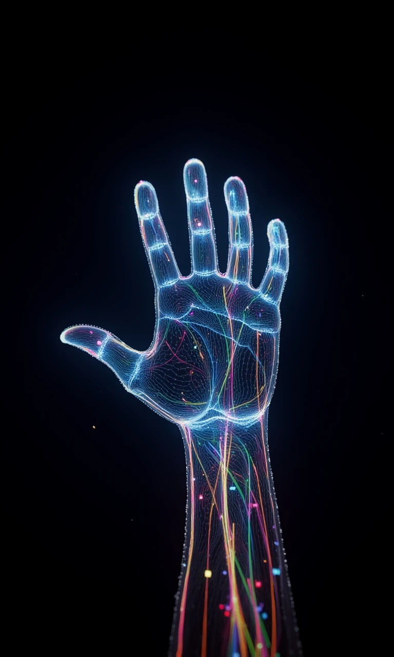 A holographic hand made of lines, lines of various colors <lora:flux.1_lora_flyway_holographic:1.0>