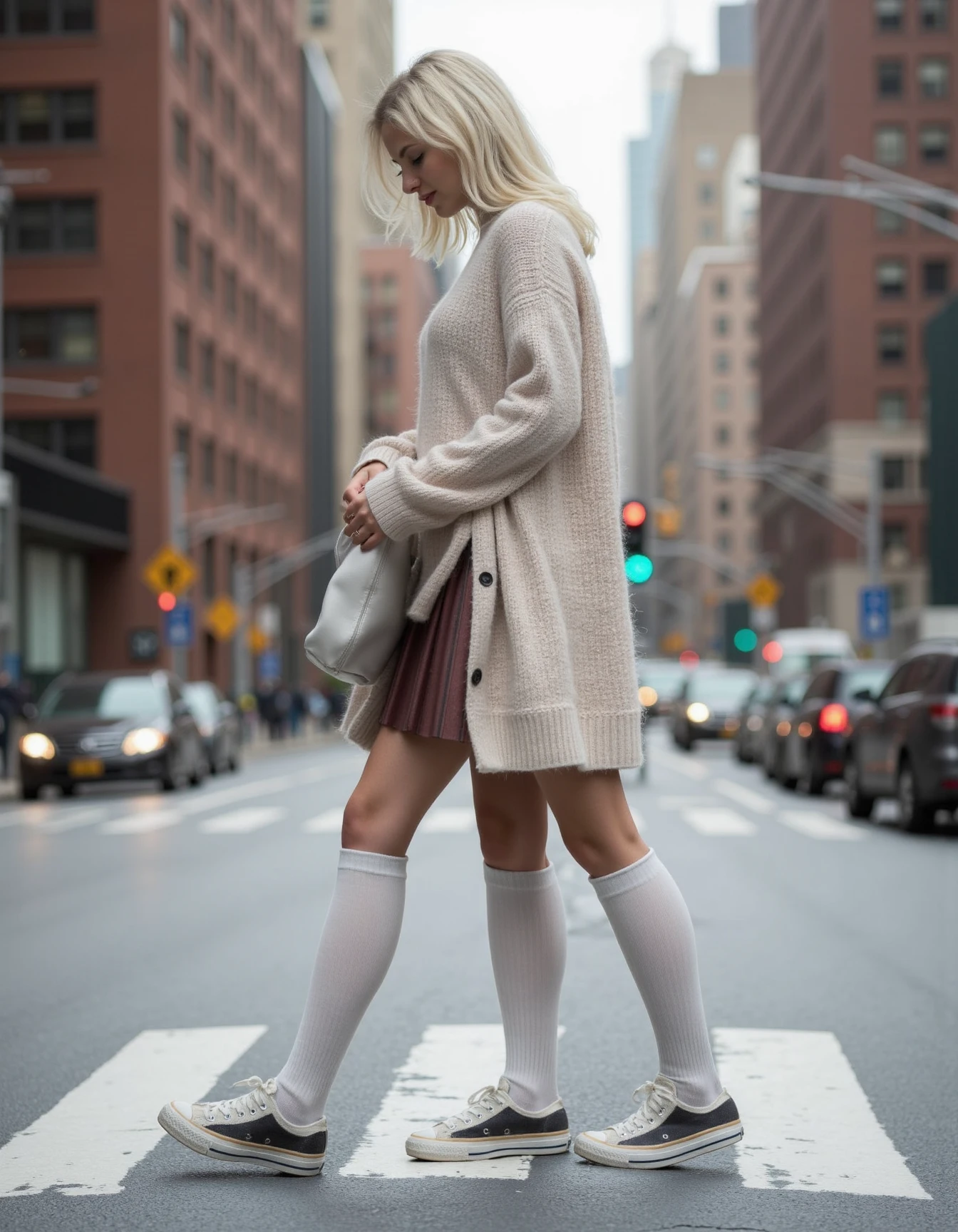 A photo of a woman with three legs walking in the streets of New York. She is wearing a sweater, a cute skirt and sneakers with long socks, 