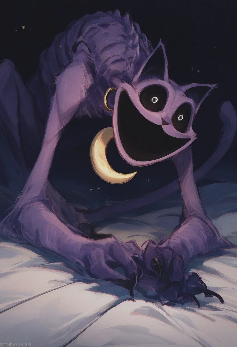 (score_9, score_8_up, score_7_up, score_6_up), 
monster, horror, purple fur, body stitched together, seams, long limbs, claws, golden crescent moon medallion, skinny, bony body, lying down, dark room, plant, CatNap, small glowing white eyes, large empty sockets, extends hand trying to grab the viewer