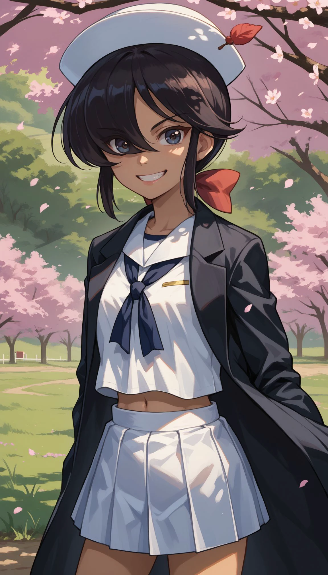 score_9, score_8_up, score_7_up, source_anime,
,outdoors,cherry blossoms,standing,cowboy shot,smile, flower field,
GUPOgin, 1girl,, black hair, blue neckerchief , white skirt, long hair, dixie cup hat, pleated skirt, military hat, navel, school uniform, grin, long sleeves, looking at viewer, black coat, dark skin, sailor collar, midriff, dark-skinned female, white headwear, black eyes, white shirt, open coat, hair bow, ponytail, standing, hair over one eye, red bow, shadow, open clothes, miniskirt <lora:GUPOgin:1>