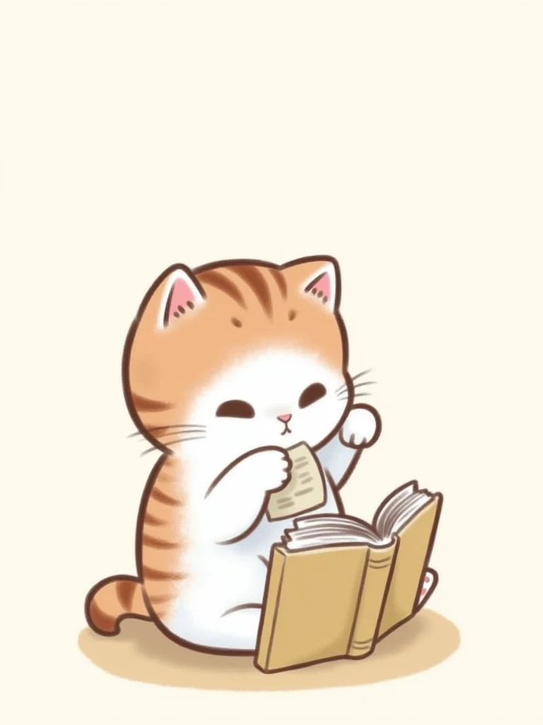 miao cat reading book,cartoon,simple background,