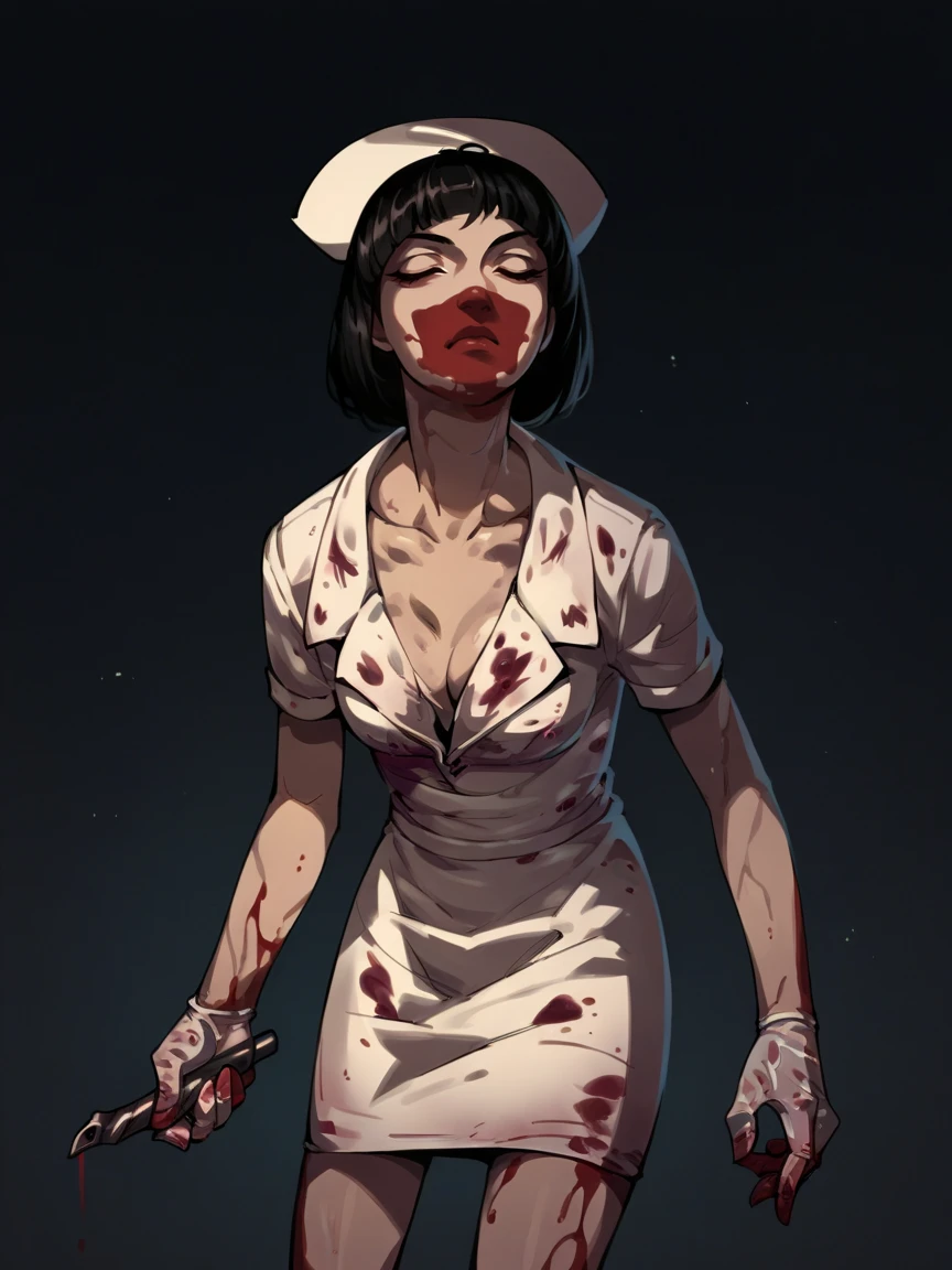 score_9, score_8_up, score_7_up, score_6_up, score_5_up,  <lora:bubbleheadnurseXLP:1> bubble head nurse, 1girl, solo, nurse, nurse cap, black hair, blood