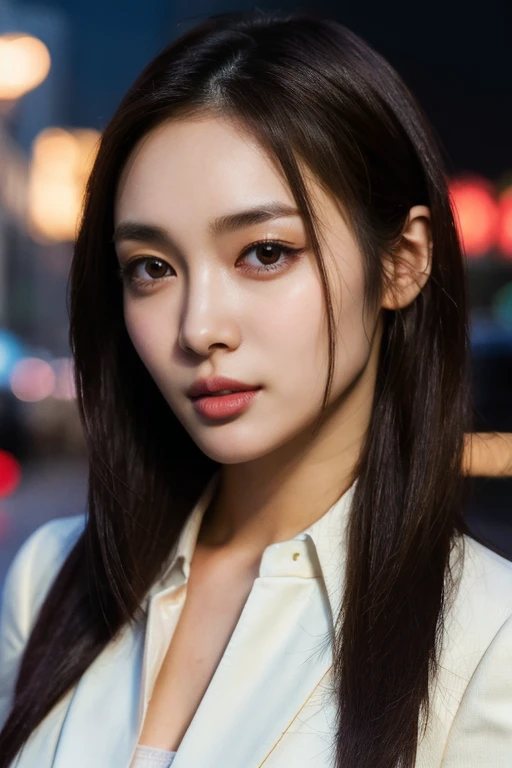 masterpiece, best quality, ultra-detailed, ultra high res, (photorealistic:1.4), raw photo, (realistic:0.2), 8k HDR, realistic lighting, 1girl, solo, (asian:0.2), asymmetrical hair, outdoor, night, (simple background:1.4), bokeh, (detailed lips), (detailed pores), (detailed skin textures), (detailed face:1.2), (upper body:1.2), a woman in a white suits, promotional image, a character portrait,