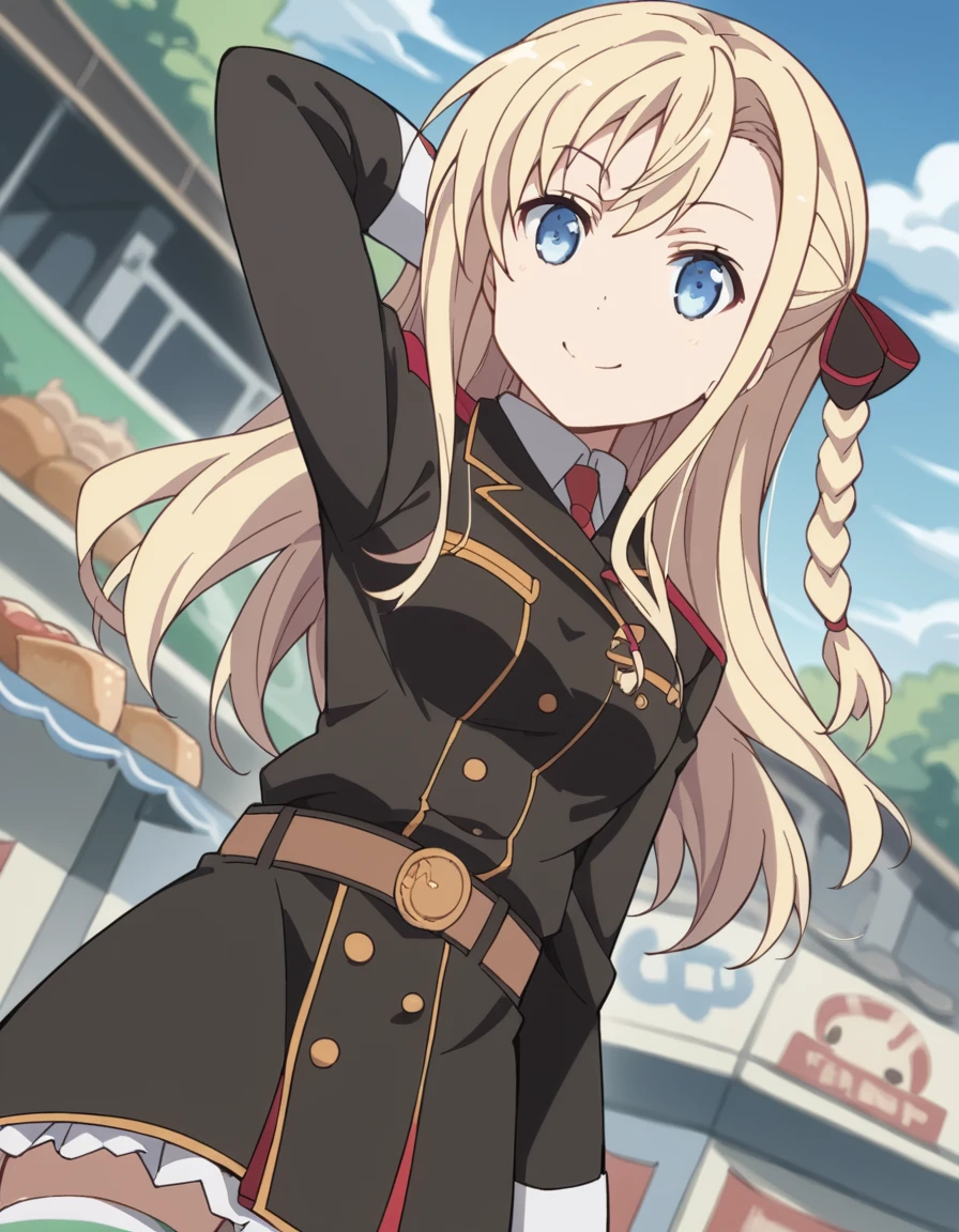 score_9, score_8_up, score_7_up, source_anime, <lora:wilhelmina-braunschweig-ingenohl-friedeburg-s1-ponyxl-lora-nochekaiser:1>, wilhelmina braunschweig ingenohl friedeburg, long hair, blue eyes, blonde hair, braid, hair braid, single braid, ribbon, hair ribbon,, skirt, thighhighs, striped, belt, uniform, zettai ryouiki, military, military uniform, striped thighhighs,, street market, vendor, street food, bustling crowd, local flavor, vibrant, smile, looking at viewer, hand behind head, , solo,, cowboy shot, dutch angle,