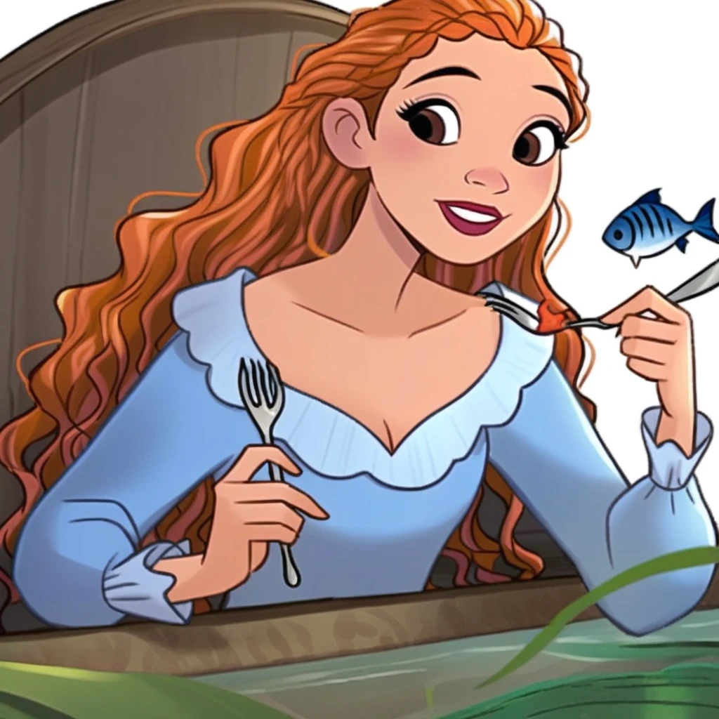 sunlight, looking to the side, brown eyes, arm support, cleavage, female, long sleeves, fork, wavy hair, braid, smile, ariel (halle bailey), orange hair, white background, partially submerged, solo, 1boy, collarbone, fish, seaweed, food, blue dress, upper teeth only, high heels