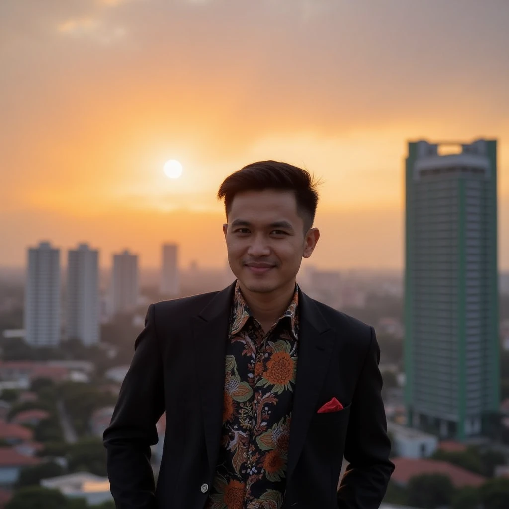 batikindo indonesian man, in the sunset background with high rise office