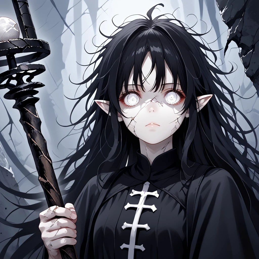 (masterpiece), source_anime, noir, fantasy, gritty, best quality, (1girl, expressive eyes, white eyes, detailed eyes, perfect face, (cracked body), long hair, black hair, messy hair, pale skin, pale skin, pointy ears)), holding a staff, simple staff, <lora:a4bb7755-a5e1-49cd-81a7-6906a4e6de93:1.0>