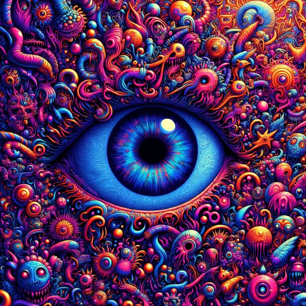 cartoon eyeball with a faint crazy art reflection on iris, close up view, black light neon glow, psychedelic poster art