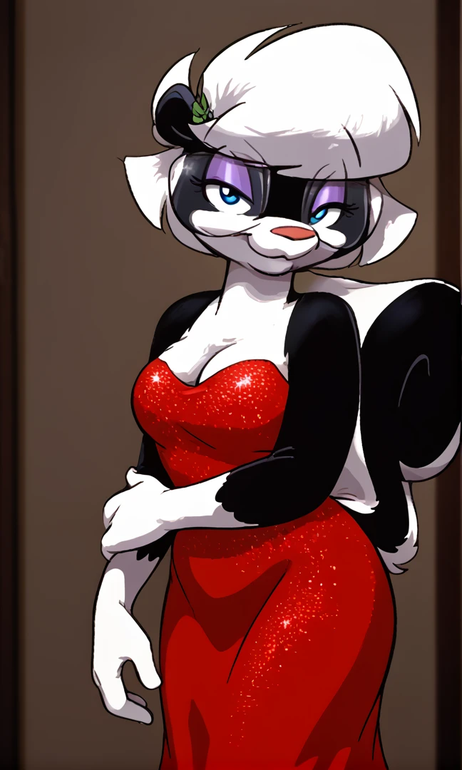 score_9, score_8_up, score_7_up, score_6_up, score_5_up, score_4_up, (Source furry), (rating safe), <lora:SabrinaSkunk:1>, 1girl, solo, sabrina skunk, skunk girl, tail, medium breasts, cleavage, looking at viewer, blue eyes, glasses, standing, eyeshadow, wearing dress, short hair, white hair, furry female, wearing a glittery red dress, wide hips, realism <lora:Eric_Schwartz_EWS_Style_r1:0.8>