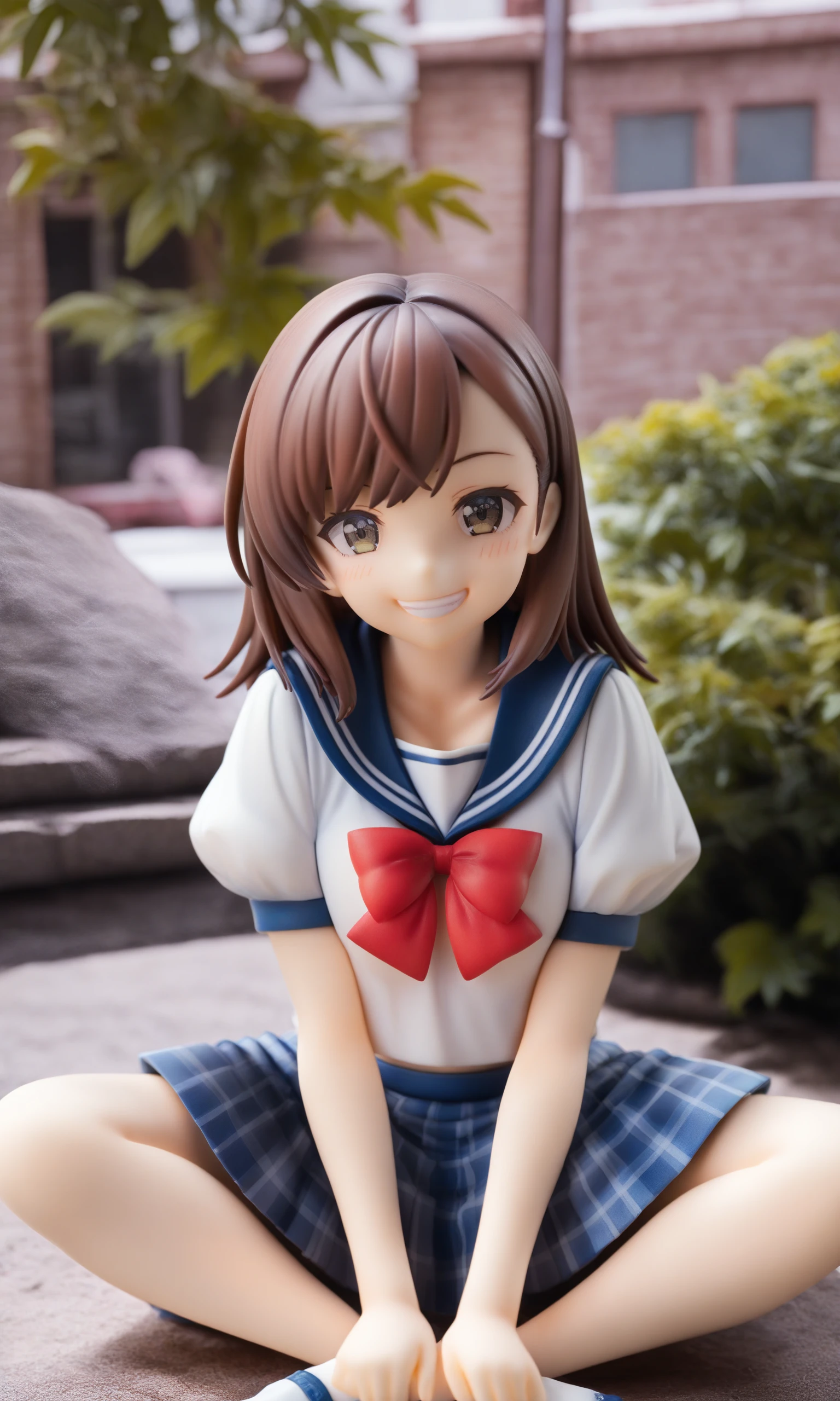 1girl,solo,bunches,green hair,school uniform,skirt,alternate costume,smile,sitting,bow,serafuku,looking at viewer,blue skirt,indian style,red bow,bowtie,grin,sailor collar,brown hair,red bowtie,short sleeves,shirt,pleated skirt,blue sailor collar,white shirt,plaid,plaid skirt,puffy sleeves,
masterpiece,best quality,good quality,newest,photo background,