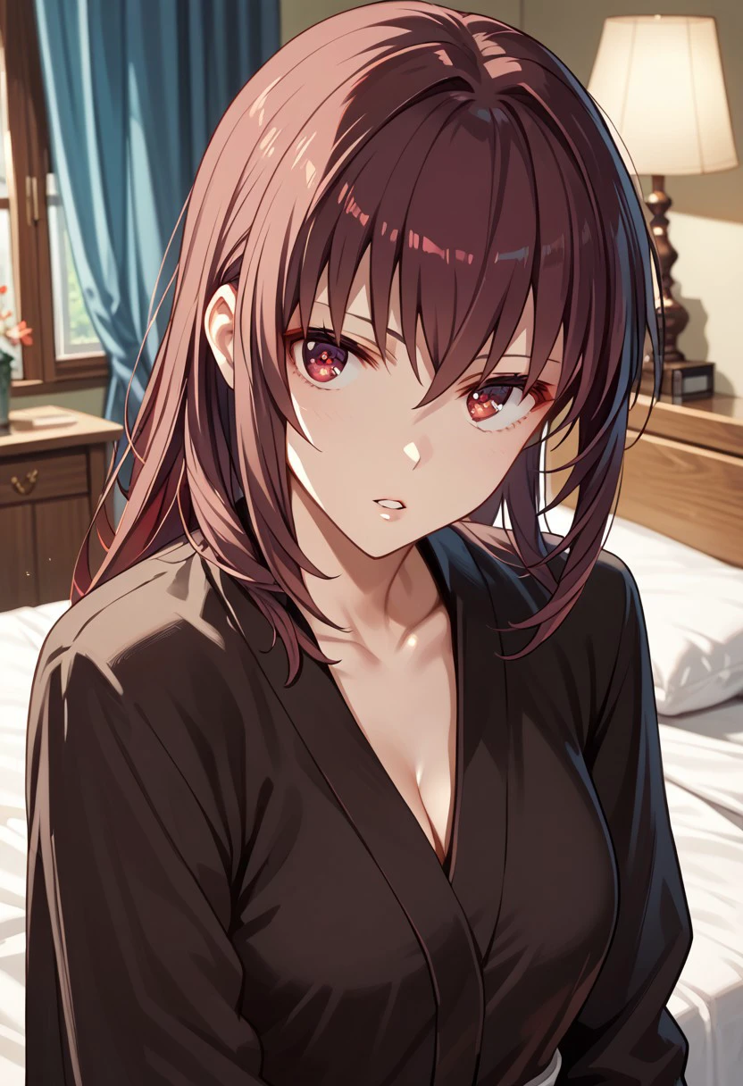 score_9,score_8_up,score_7_up,source_anime,Akane Kosaka,1girl,looking at viewer,collarbone,upper body,parted lips,solo focus,indoors,bed,