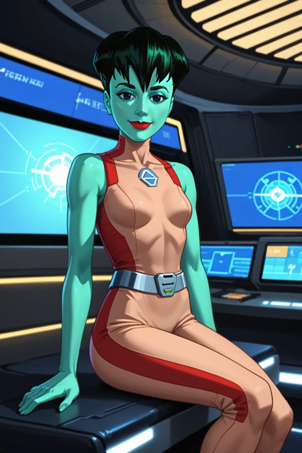 score_9, score_8_up, score_7_up, ((rating_explicit, nsfw)), masterpiece, high quality, highres RAW photo, 
solo, pixelreboot, 1girl, ((beautiful, cute)), black hair, short hair, ((alien, colored skin: 1.8, green skin: 1.8)), lipstick, red and pink jumpsuit, metal belt, <lora:DotMatrixReBoot_Pony_v2:0.75>
(slender body, petite:1.2), tiny waist, sexy, eye contact, sensual, seductive look, sensual, seductive look, happy, smile, smiling, (sexy pose, sitting, seated)
((futuristic science fiction)) , in a science fiction strip club, indoors