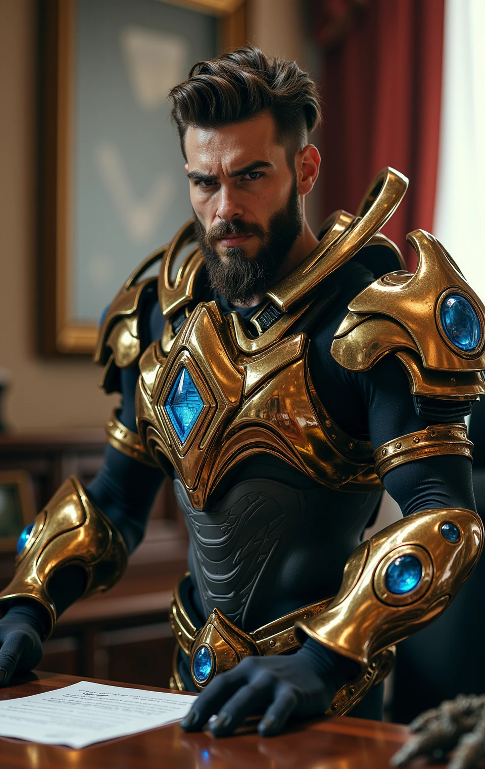 protosszealot,photo of a handsome man working in office with ornate high-tech armor