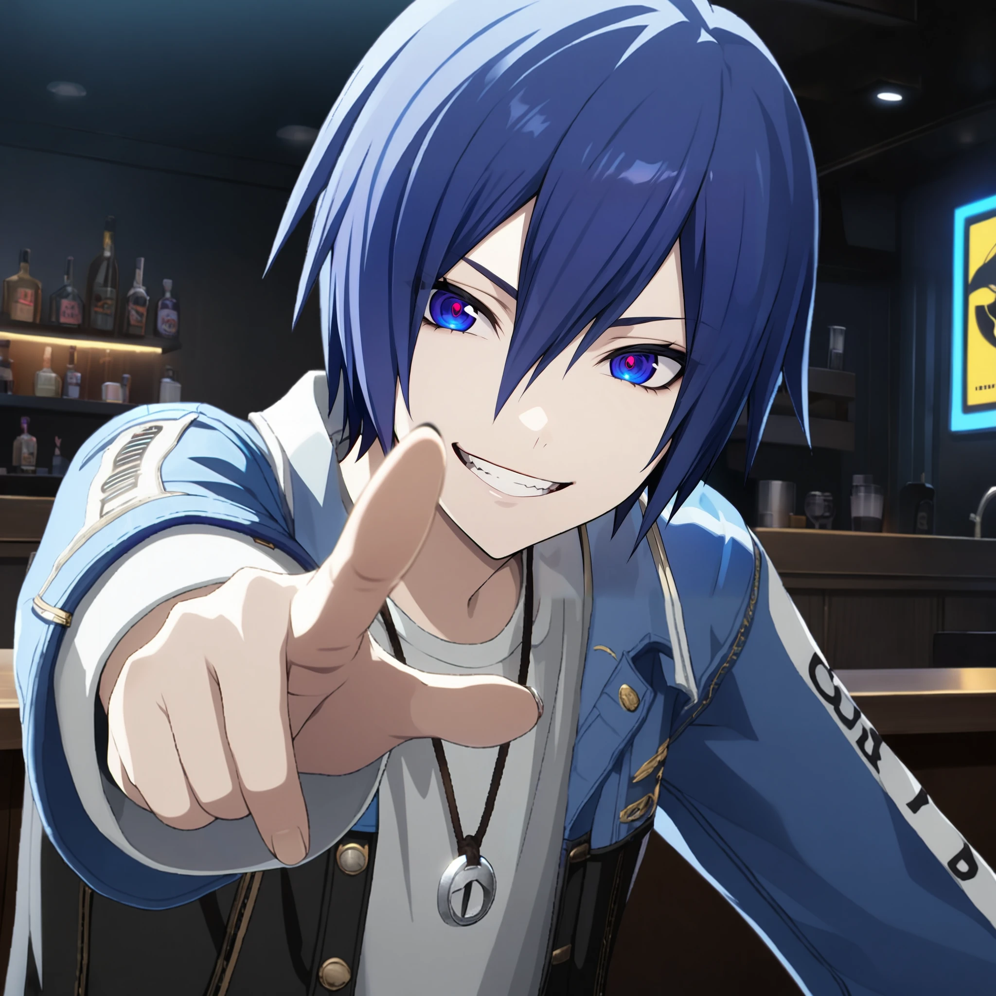 1boy, kaito, vocaloid, masterpiece, very aesthetic, absurdres, official art,
brandnew kaito, solo, blue short hair, blue eyes, crazy smile, dark persona,
(looking at viewer:1.4), pointing at viewer, BREAK
leaning forward, face focus, cowboy shot,
dark atmosphere, dark, neon light, in bar, indirect lighting, Lounges bars, bar counter, luster, window, table, chair,
<lora:sdxl-vs-BNKaito05:0.9:lbw=0,0,0.2,0.2,0,0.4,0.4,0,0.8,0.8,0,0,0,0.8,0.8,0.6,0.8,0.0,0.0,0.0,0,0,0,0,0,0>