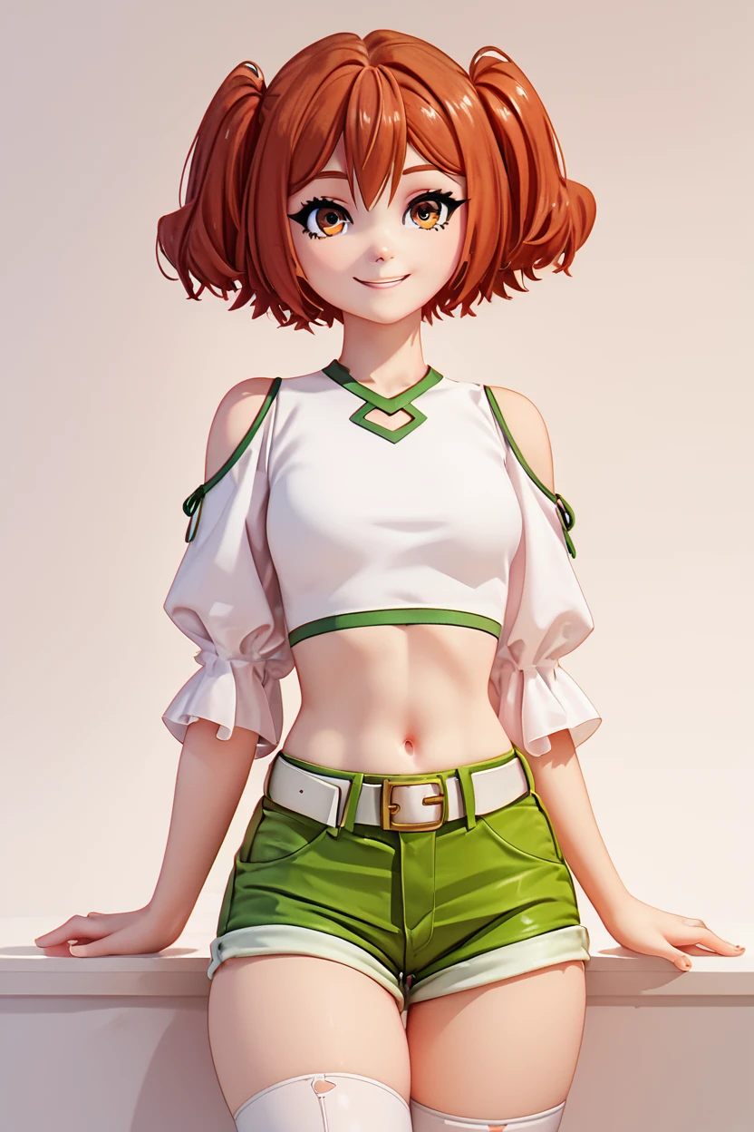 score_9, score_8_up, score_8, medium breasts, (curvy), cute, eyelashes,       BREAK, , zzKanne, short hair, brown hair, twintails, brown eyes,  shirt, thighhighs, navel, bare shoulders, white shirt, short sleeves, midriff, belt, white thighhighs, crop top, short shorts, clothing cutout, shoulder cutout, green shorts, <lora:KanneFrieren_PDXL_v2:0.8>,, BREAK, smile, closed mouth, looking at viewer, cowboy shot, ,,, embedding:zPDXL, Expressiveh, ,,, <lora:BeautifulCAT_PDXL:0.8>, <lora:SDXLFaeTastic2400:0.5>, <lora:Expressive_H-000001:0.4>,