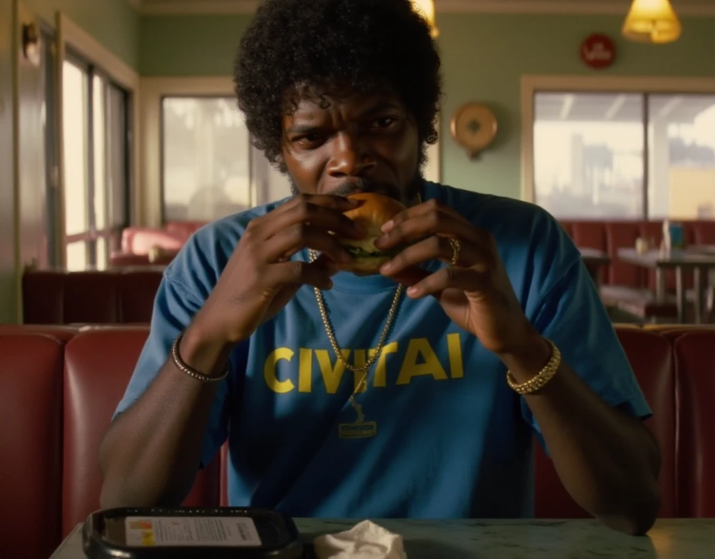 Jules Winnfield wearing a blue tshirt with the text "CIVITAI" and a gold chain and having a black suitcase. He is having a hamburger in a vintage diner <lora:Jules_Winnfield:0.9>