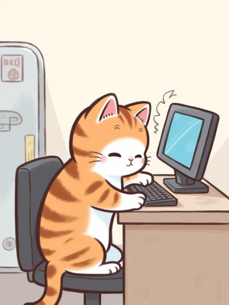 miao cat play computer game,cartoon,simple background,