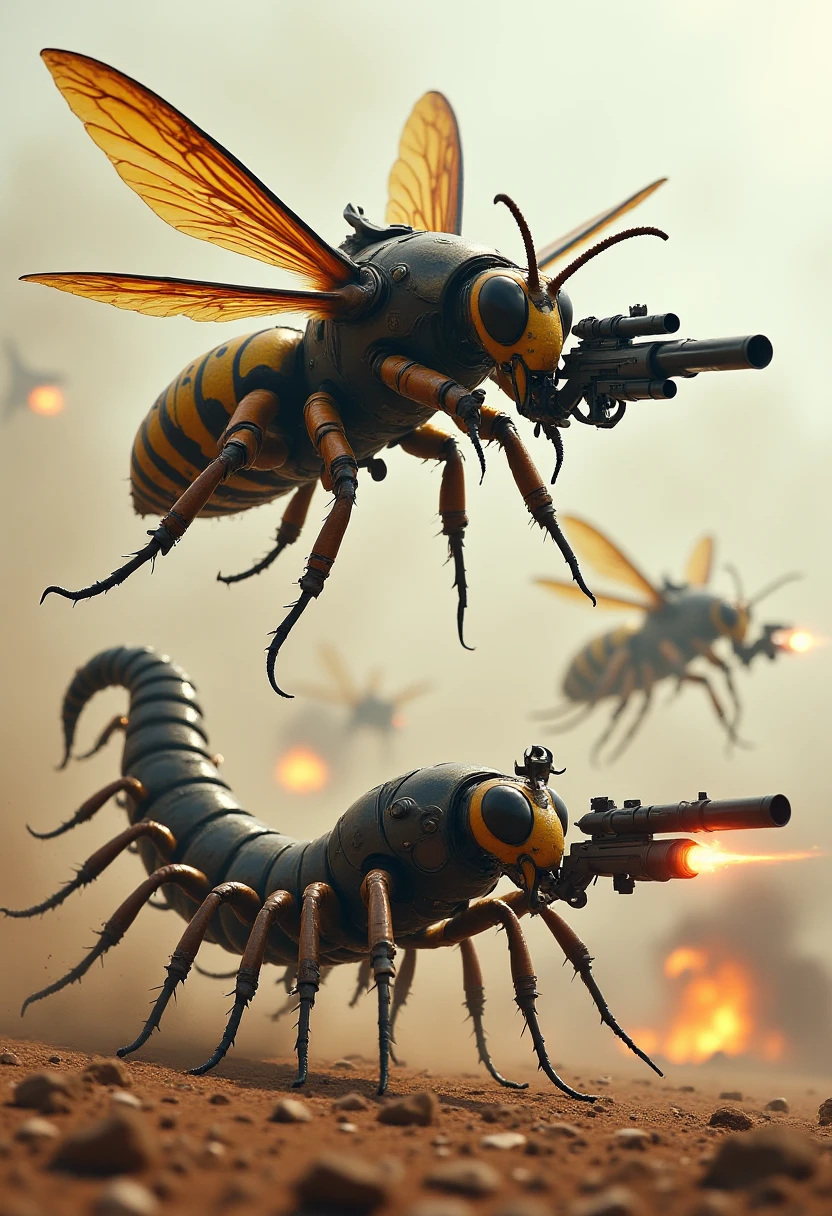 A close-up, intense action shot of a wasp commando mid-flight, holding a high-tech crossbow that fires explosive bolts. Below, a centipede commando slithers across the ground, its segmented body armored with futuristic plating and wielding multiple blaster rifles in each of its many limbs. The scene shows them working in tandem, battling a larger foe in the distance. The background is a futuristic wasteland, lit by the glow of distant battles, and the whole scene feels fast-paced and chaotic, with a blend of sci-fi and insect anatomy creating a unique, alien warfare aesthetic.  , InsectCommandos