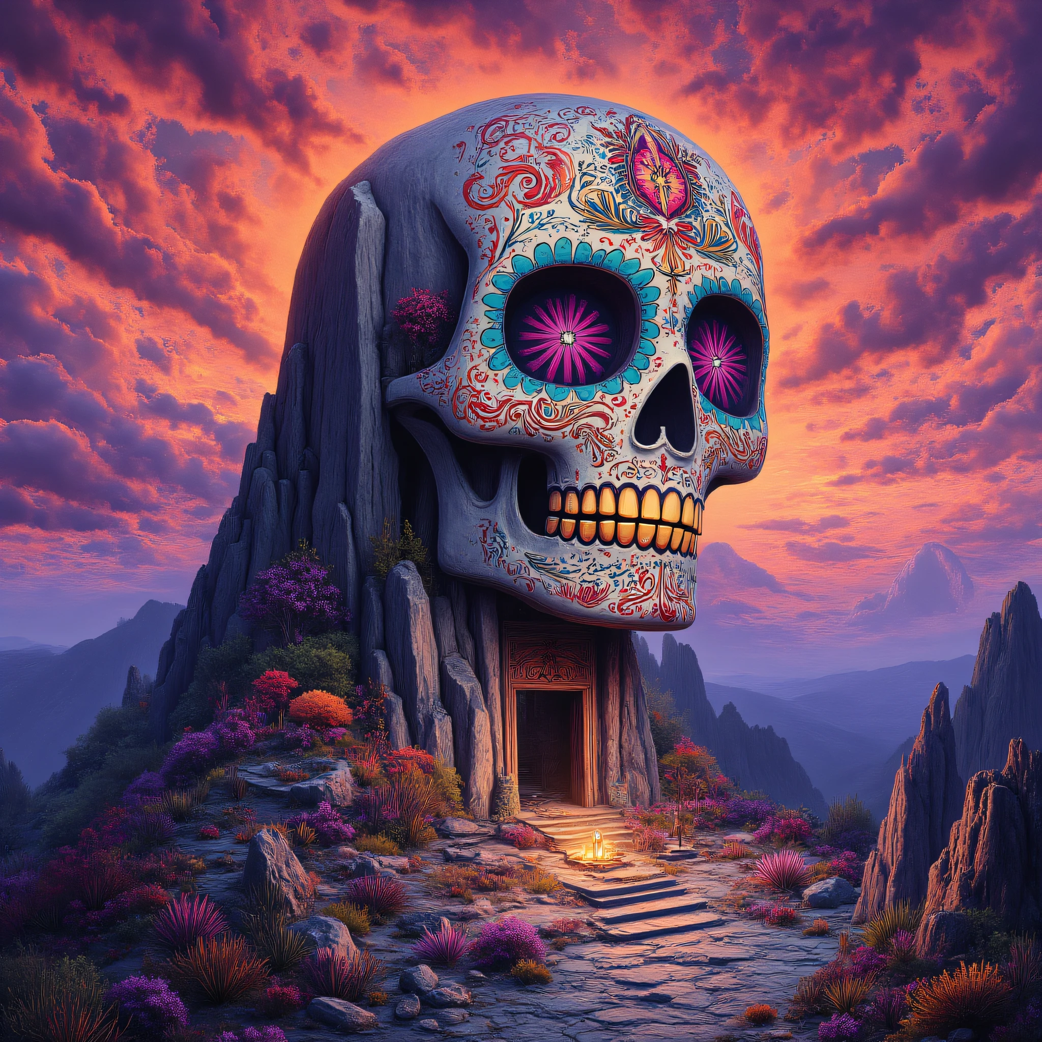 ArsMJStyle, Vibrant Calavera, The image features a giant sugar skull carved into a mountain, like a vibrant Day of the Dead temple. The stone skull is decorated with colorful mosaics and patterns of red, yellow, and turquoise. At its base, there are altars with candles and offerings, and the sky above is a kaleidoscope of swirling orange and purple clouds, creating an ethereal glow. The surrounding landscape is dotted with mystical plants that glow in the dark, giving the scene a mythical atmosphere. temple, fantasy landscape, ethereal glow, offering, mosaic, mountain, dramatic sky.