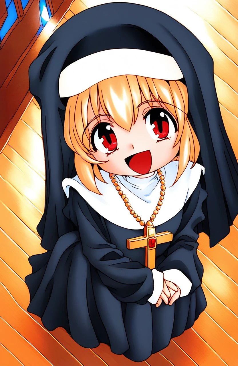 score_9, score_8_up, score_7_up, source_anime, rating_explicit, BREAK <lora:Melodylibrary_XL:1> Melodylibrary, nun, blonde hair, red eyes, bangs,flat chest, short stack,
1girl, solo, cross, habit, jewelry, open mouth, cross necklace,  necklace, long sleeves, short hair, looking at viewer
church,  from above
smile,
looking at viewer, 
cowboy_Shot,