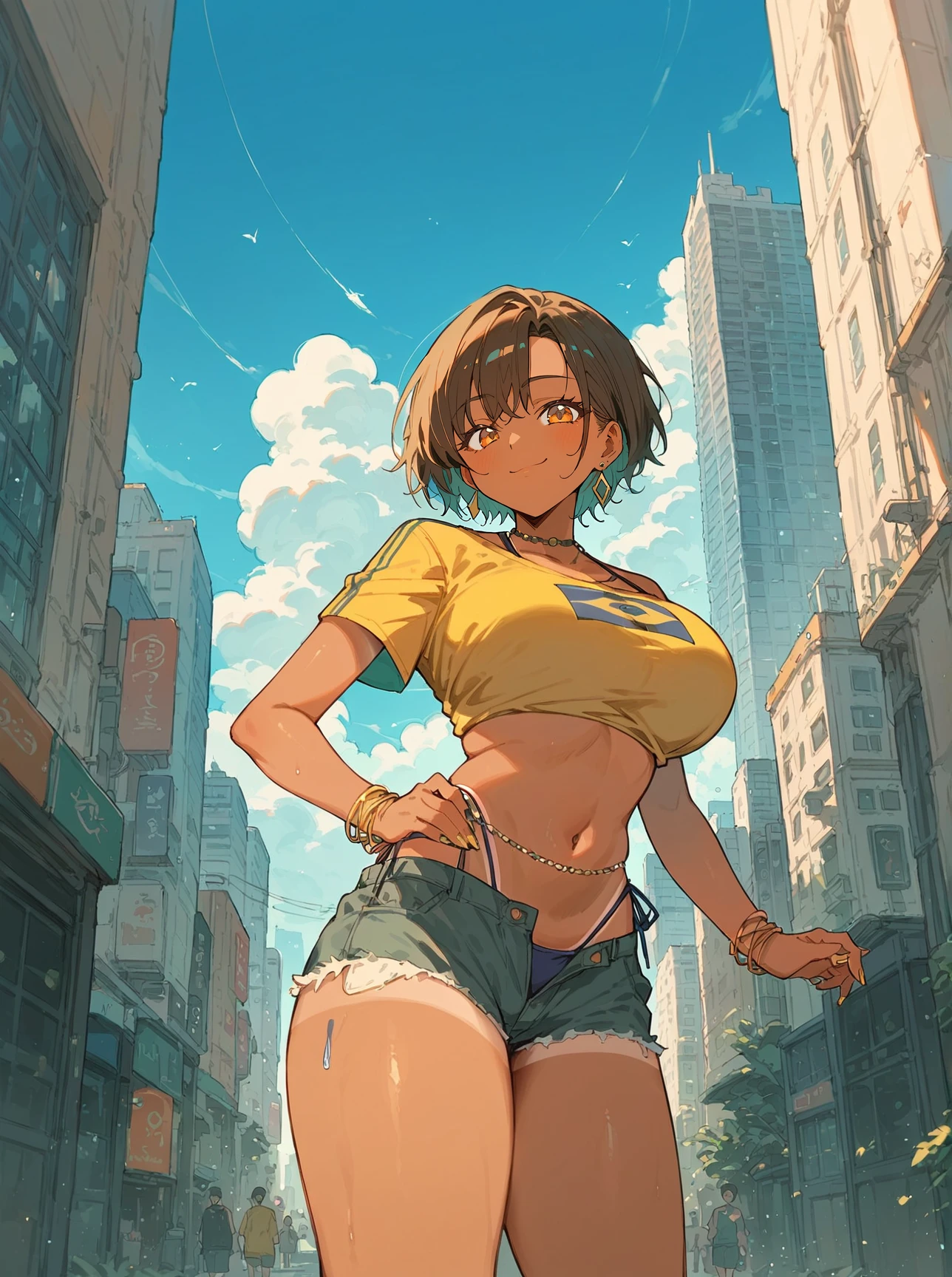 score_8_up, score_7_up, score_6_up, source_anime, 1girl, solo, city, outdoors
smile, large breasts, dark skin
yellow shirt, shorts, bikini  <lora:brazilianmiku:1>