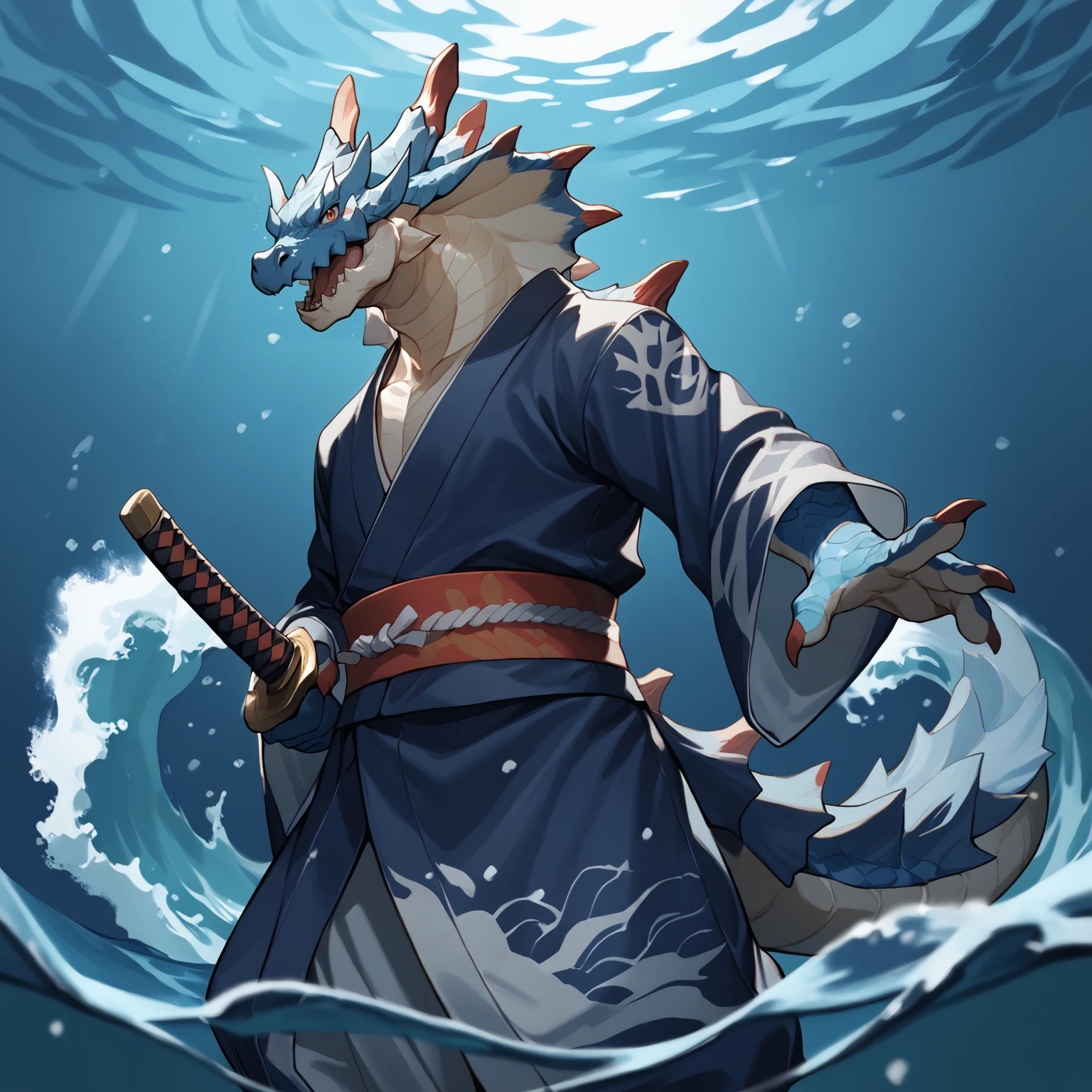 zPDXL,by kiyosan,by pgm300,(by bebebebebe:0.75),by milkytiger11145,
male,5fingers,action pose,looking at viewer,character design,mult view,standing,kimono,samuraisamurai,snowing,wave,underwater,water magic,standing,
black beak,katana,holding katana,<lora:Lagiacrus-XL-ADAM-V2-000080>,anthro,dragon,Lagiacrus,blue scales,red horn,smile,